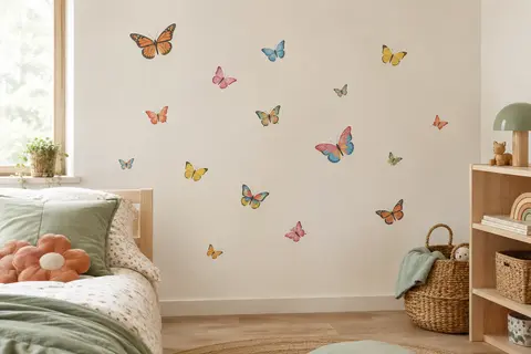 Stickers muraux de papillons colorés disposés sur un mur crème dans une chambre d’enfant