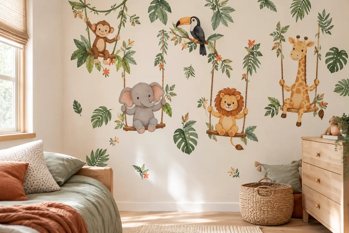 Stickers muraux colorés d’animaux de la jungle sur balançoires, posés sur un mur crème de chambre d’enfant