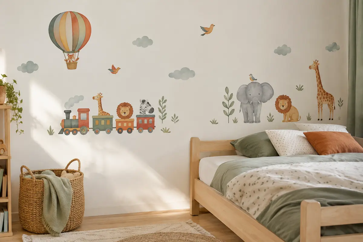 Stickers muraux d’animaux, d’un train et d’une montgolfière sur le mur d’une chambre d’enfant