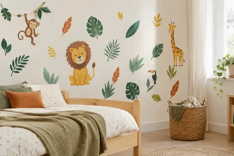 Stickers muraux illustrés d’un lion et de motifs de jungle dans une chambre d’enfant lumineuse.