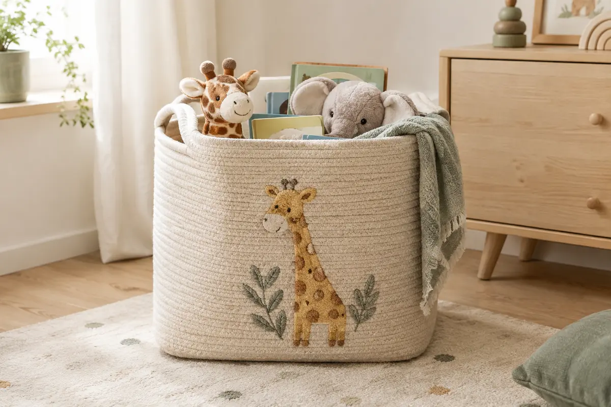 Panier cubique en corde de coton tressée avec poignées et motif de girafe brodé, dans une chambre d’enfant