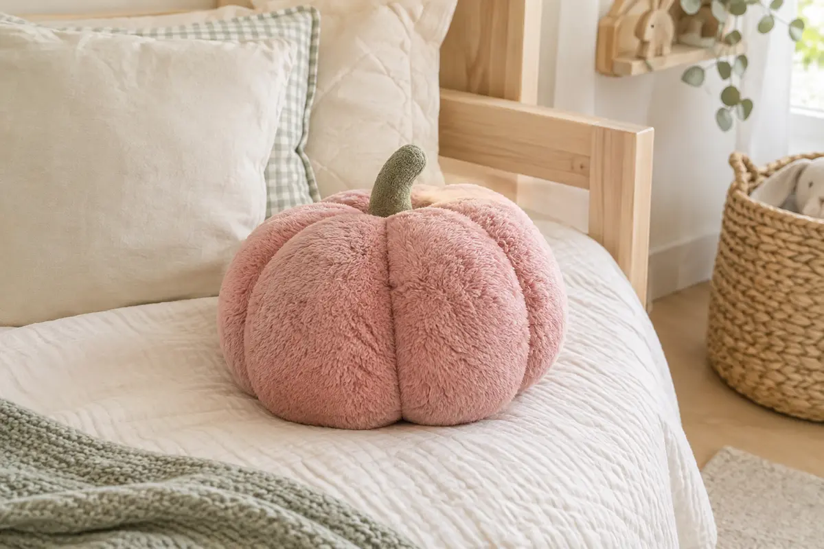 Petit coussin citrouille rose en peluche posé sur un lit clair dans une chambre d’enfant lumineuse.