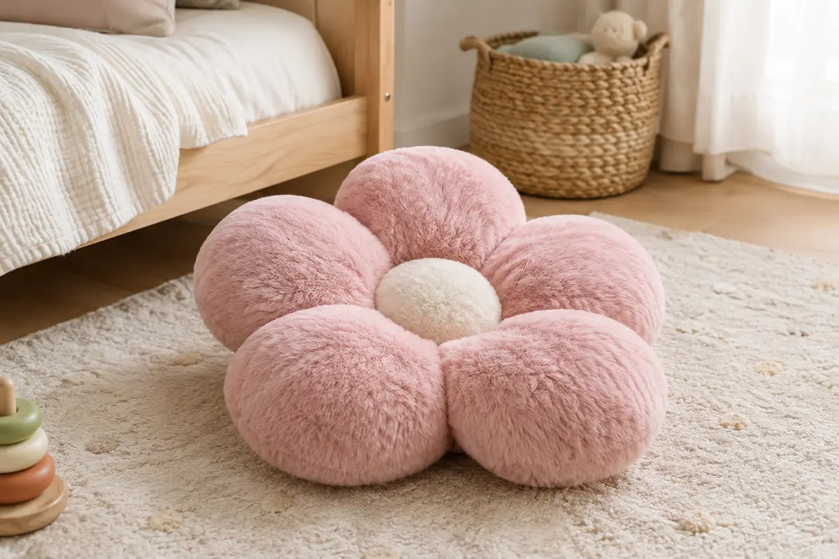 Coussin fleur en imitation fourrure rose posé au sol dans une chambre d’enfant lumineuse.