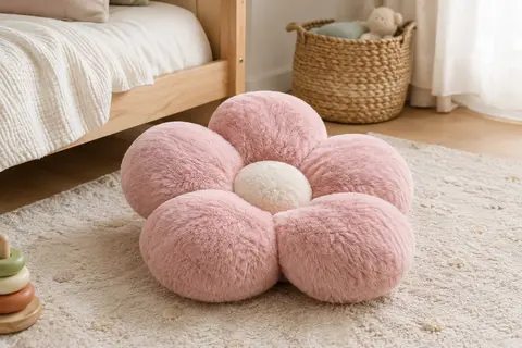 Coussin fleur en imitation fourrure rose posé au sol dans une chambre d’enfant lumineuse.