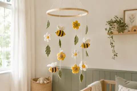 Mobile en bambou clair et feutre jaune avec abeilles, fleurs et feuilles dans une chambre d’enfant