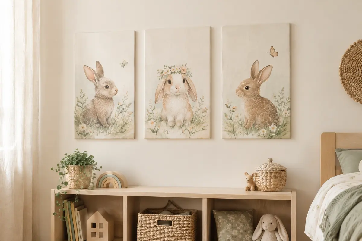 Trois affiches en toile illustrées de lapins pastel disposées sur un mur crème de chambre d’enfant.
