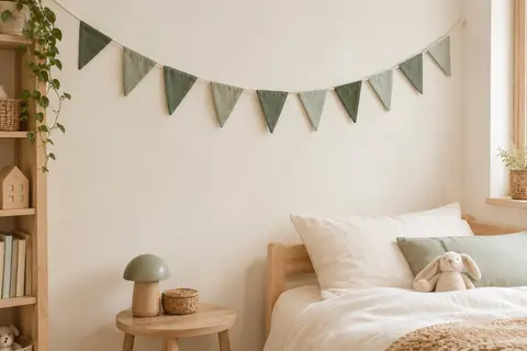 Guirlande de dix fanions triangulaires vert Morandi suspendue sur un mur crème de chambre d’enfant.