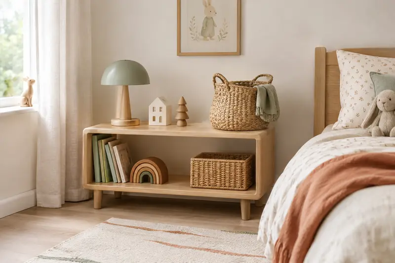 Coin de chambre d’enfant avec lampe, panier tressé et objets décoratifs aux couleurs douces