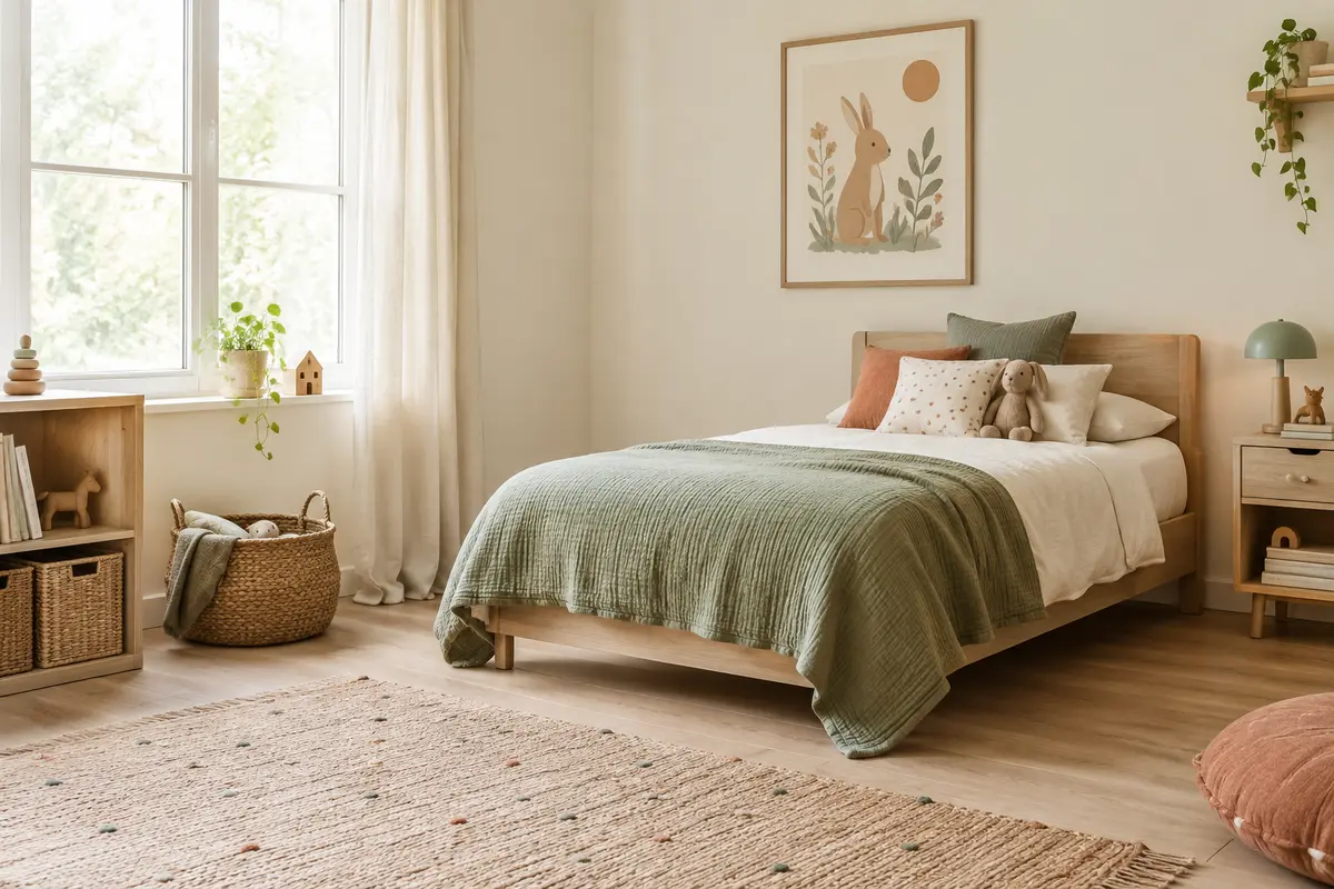 Chambre d’enfant décorée avec des textiles doux et des éléments muraux aux tons naturels
